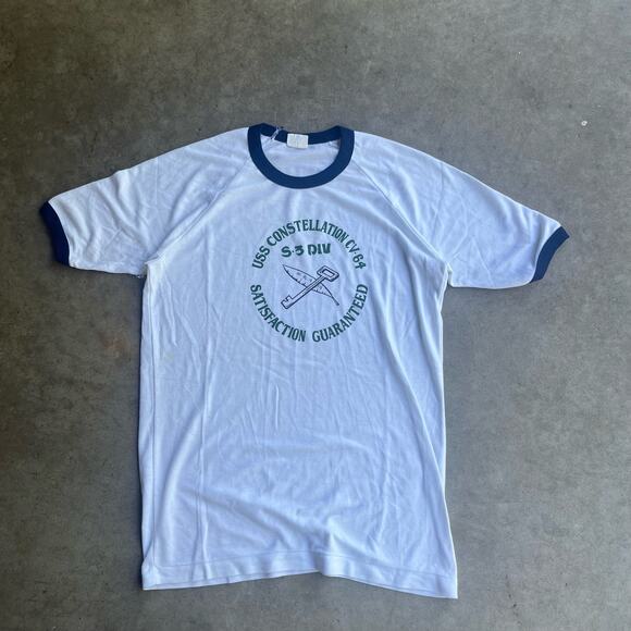 True Vintage Ringer T-shirt 60s 70s uss constellation cv-64 warship army Tee - Picture 2 of 7